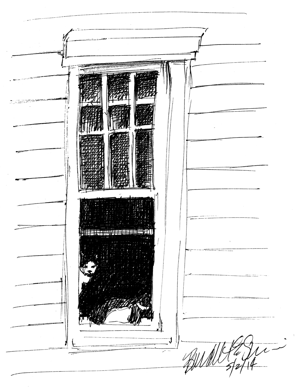 ink sketch of two cats in window.