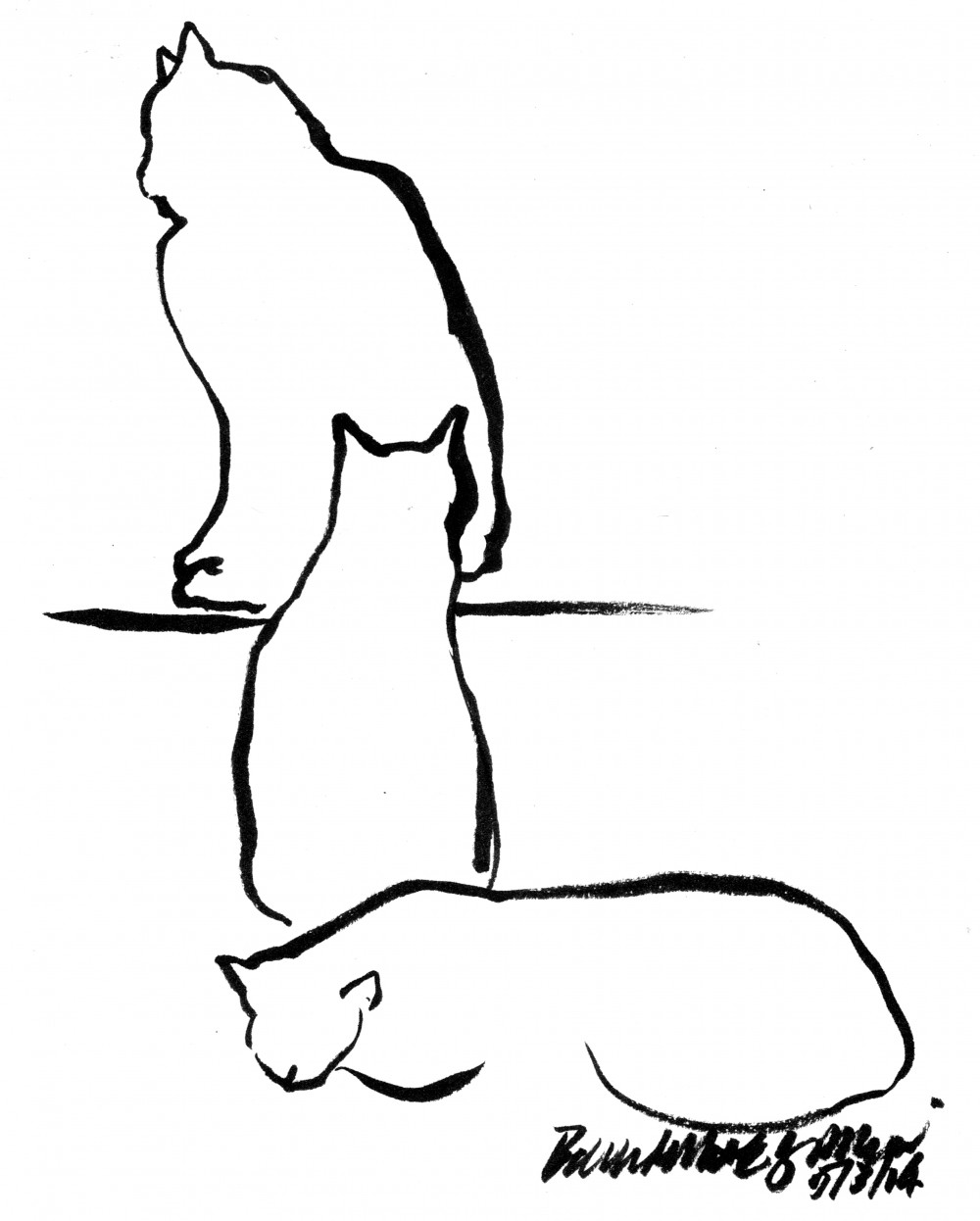 brush pen sketch of three cats