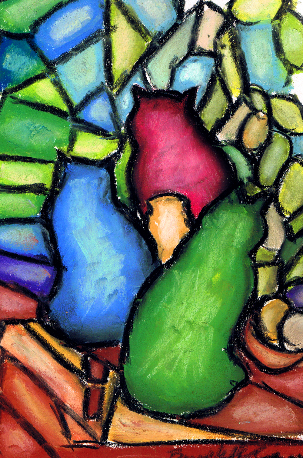 pastel drawing of three cats like stained glass