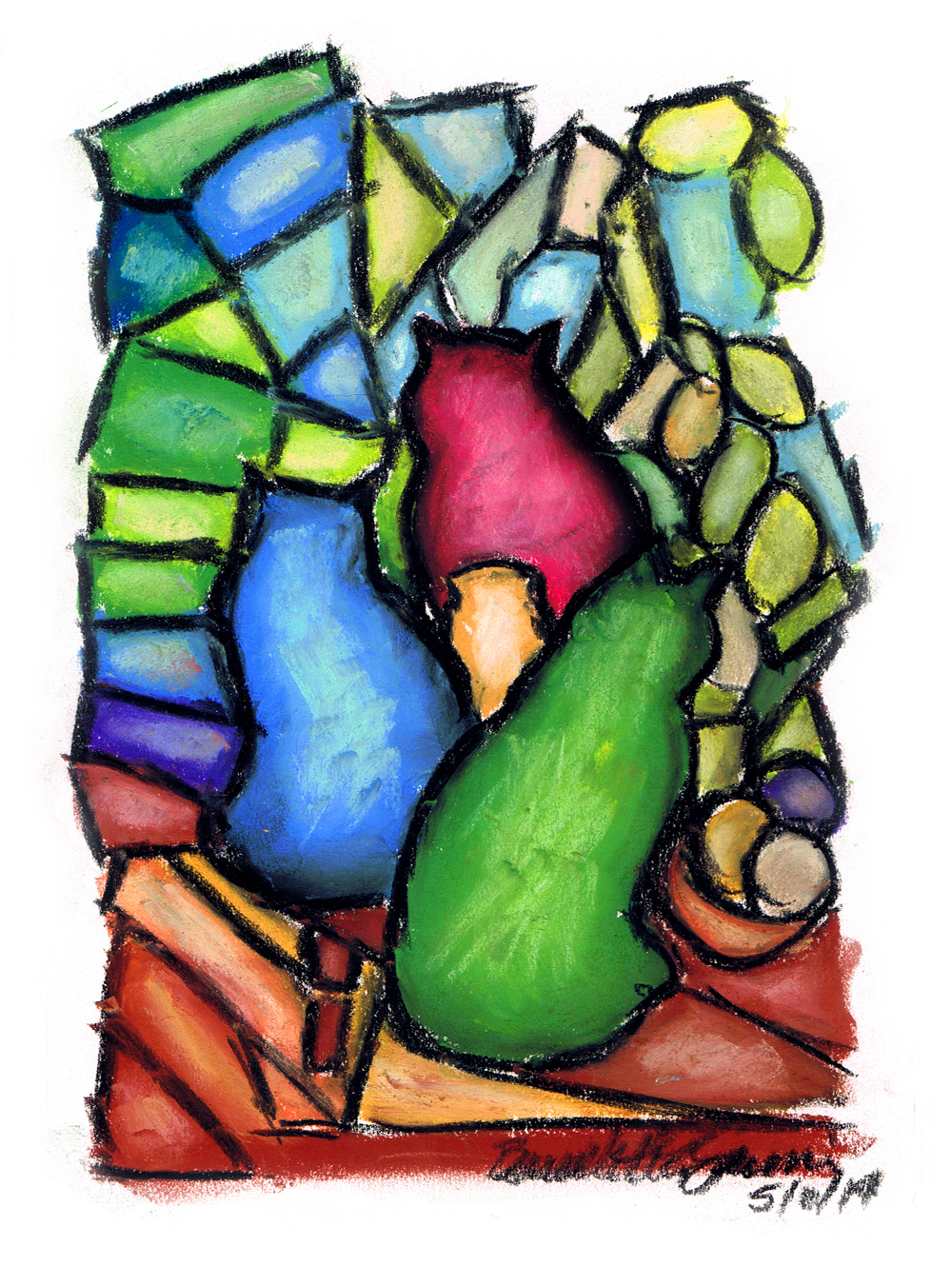 pastel drawing of three cats like stained glass