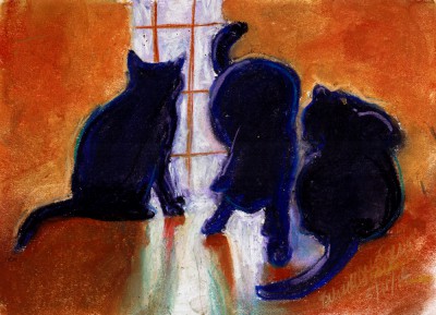 pastel sketch of three cats in silhouette