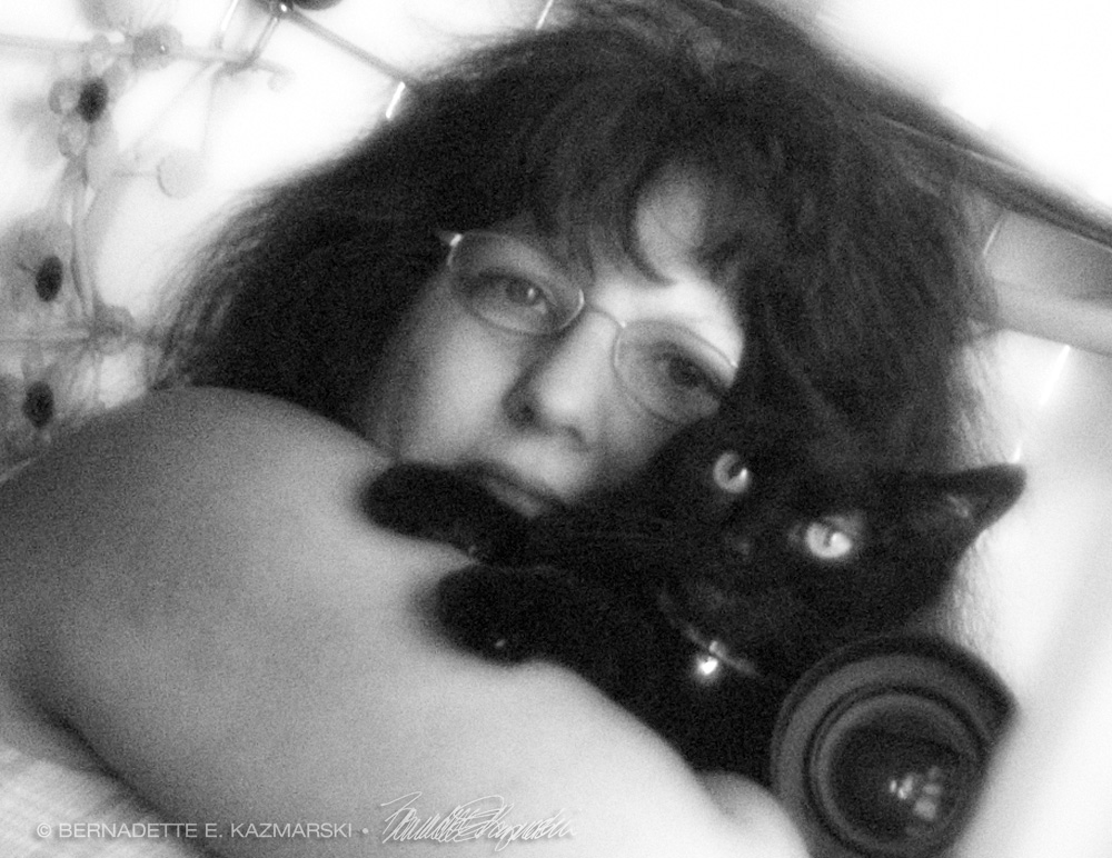 black cat and woman with camera