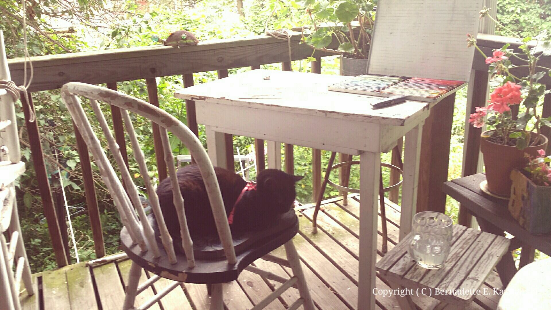 It even happens when you're working outside. I stood up from my worktable and Mimi stepped on my chair and settled down as if she'd been there all day.