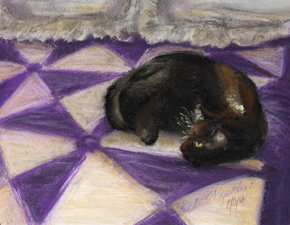 pastel painting of cat on bed