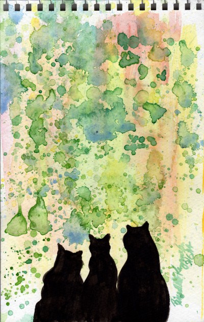 watercolor of three black cats with spattered background