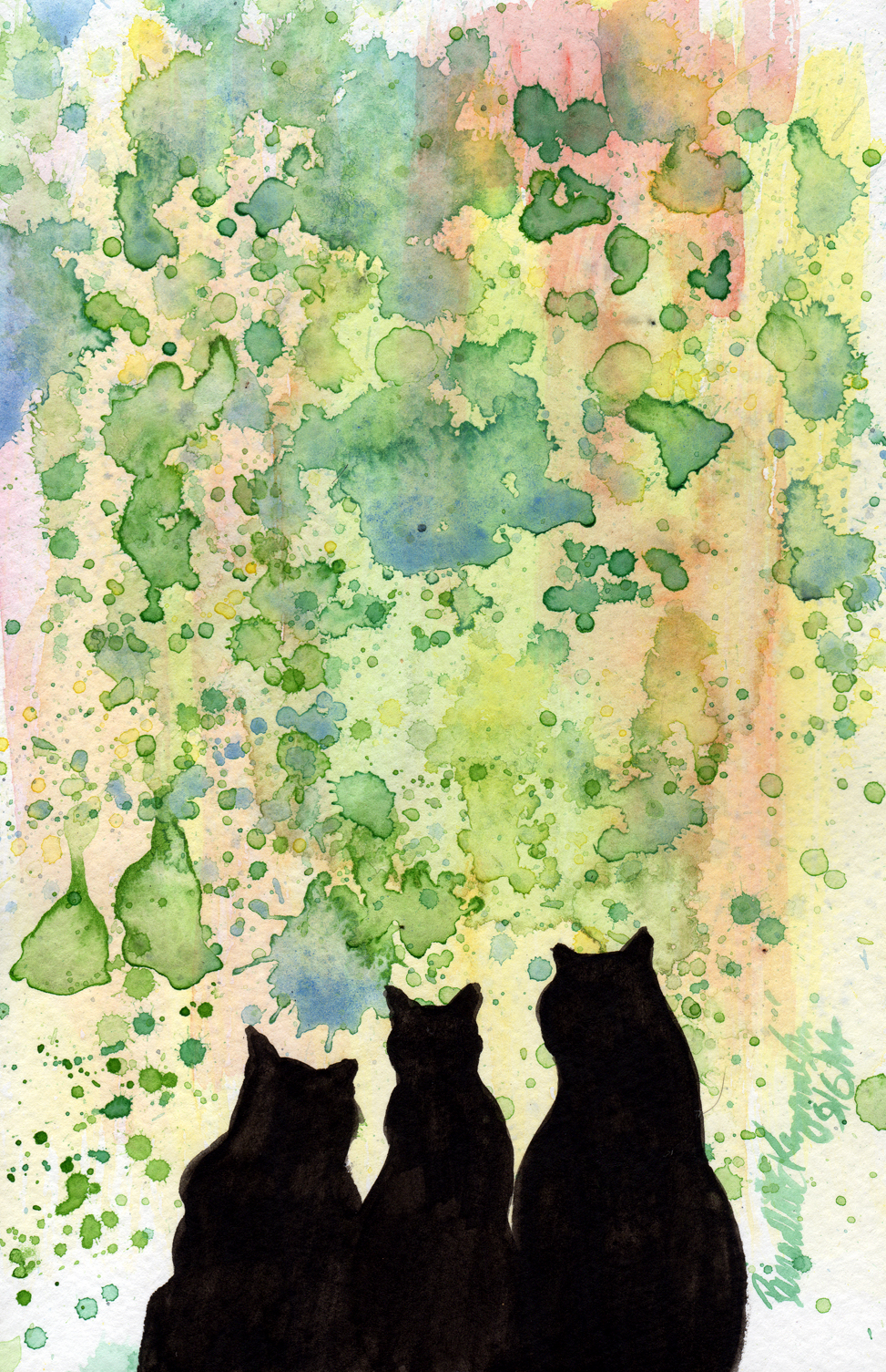 watercolor of three black cats with spattered background