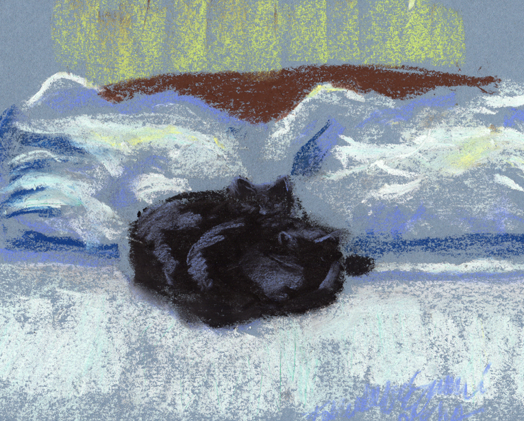 pastel sketch of two black cats on bed