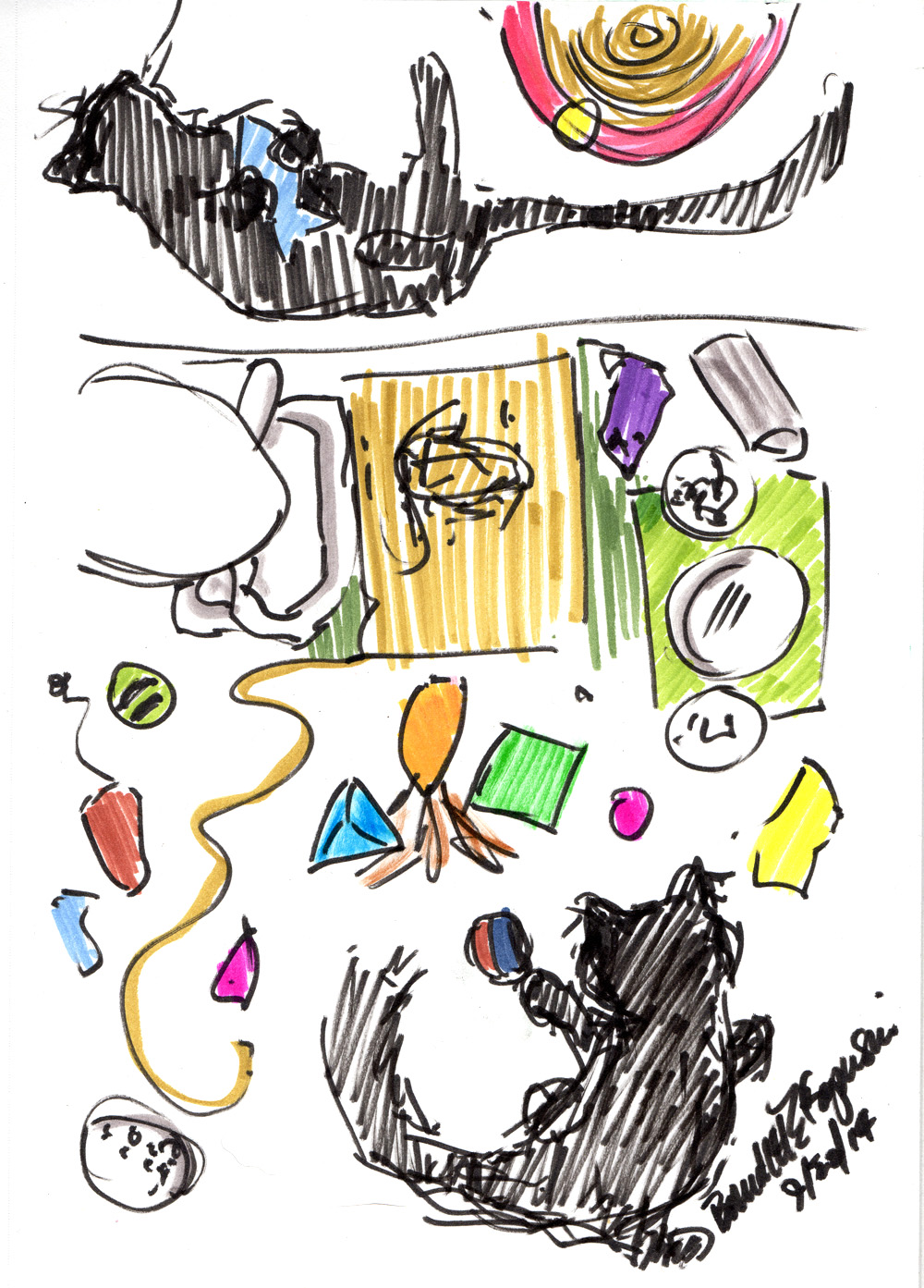 marker sketch of kittens with toys