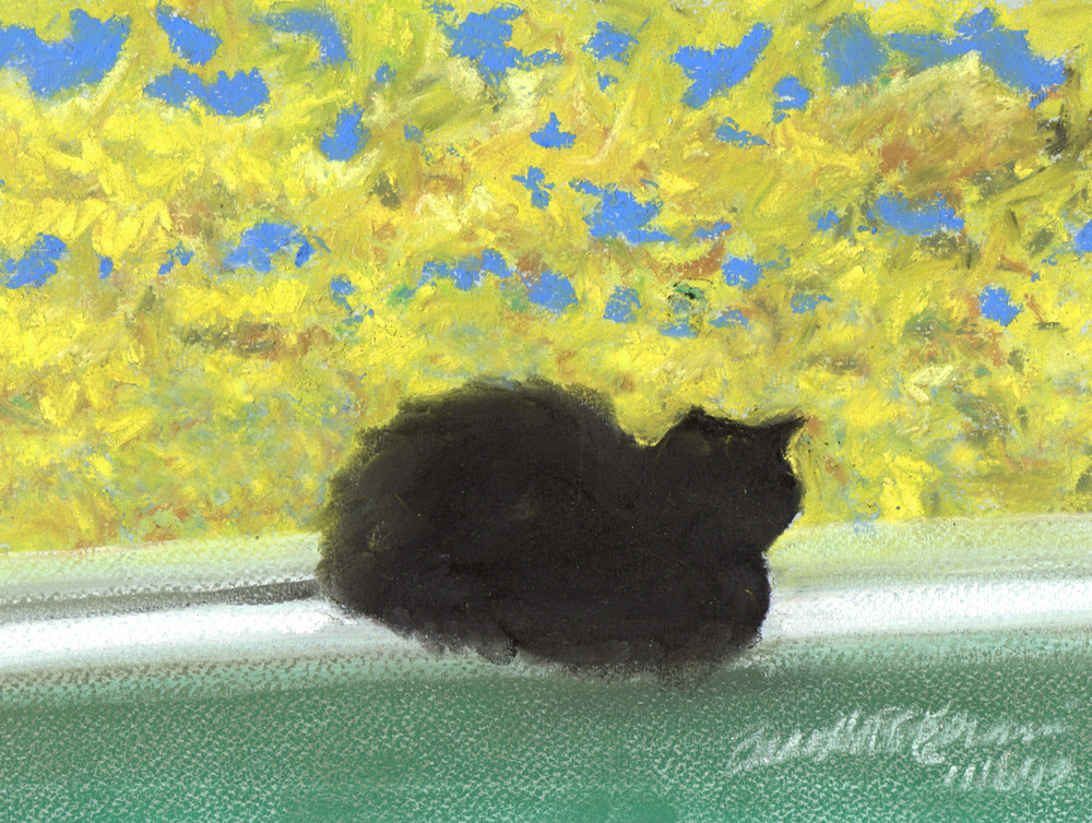 pastel painting of cat on windowsill