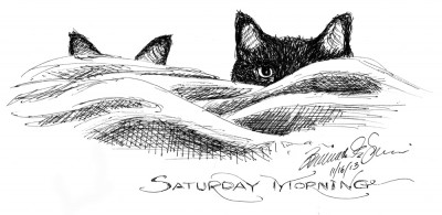 ink sketch of two cats looking over covers