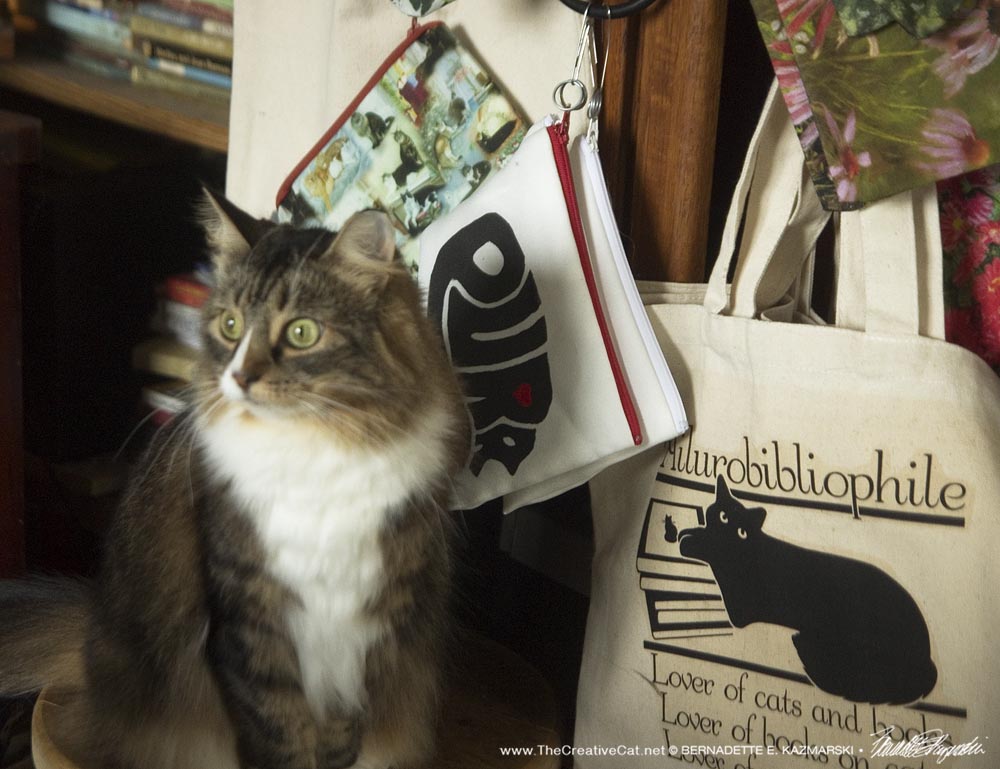 tabby and white cat in display of cat gift items