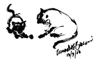 ink brush drawing of two cats playing