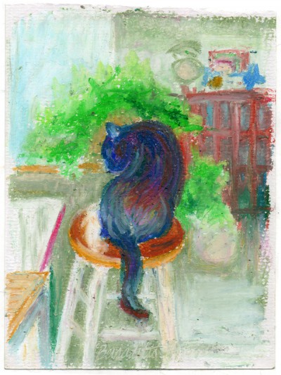pil pastel sketch of cat bathing
