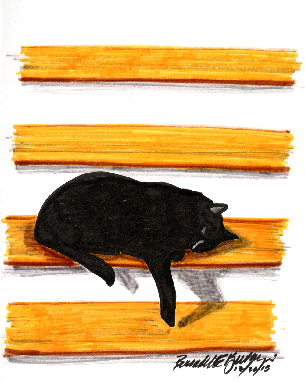 brush marker sketch of black cat on steps