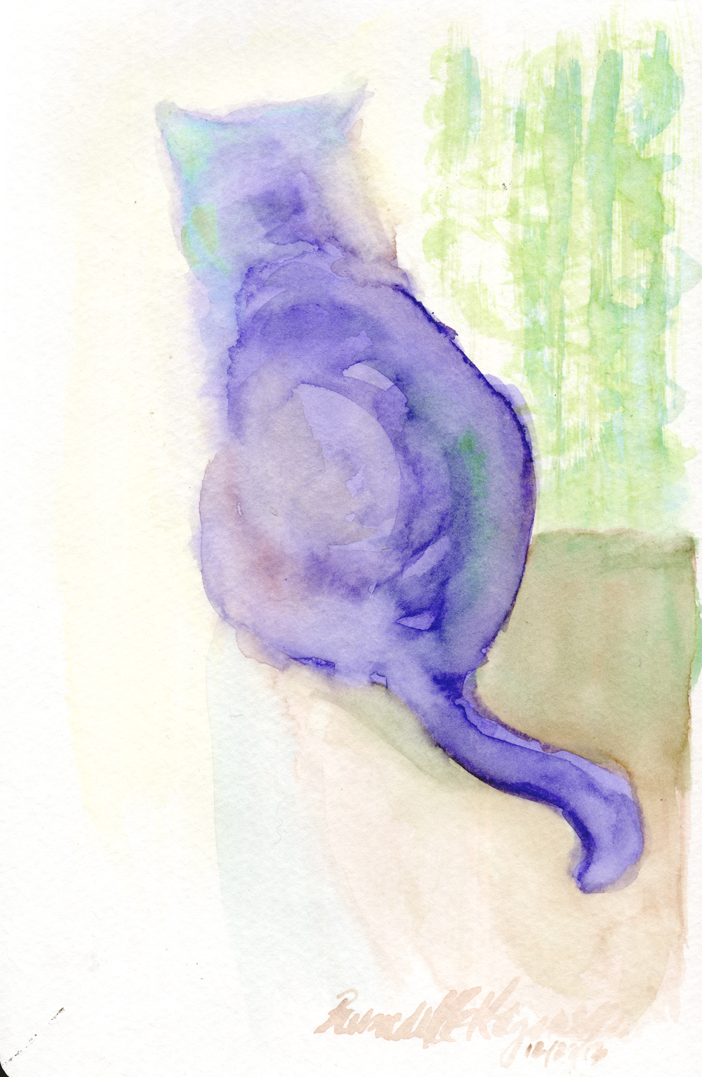 watercolor of cat looking out window