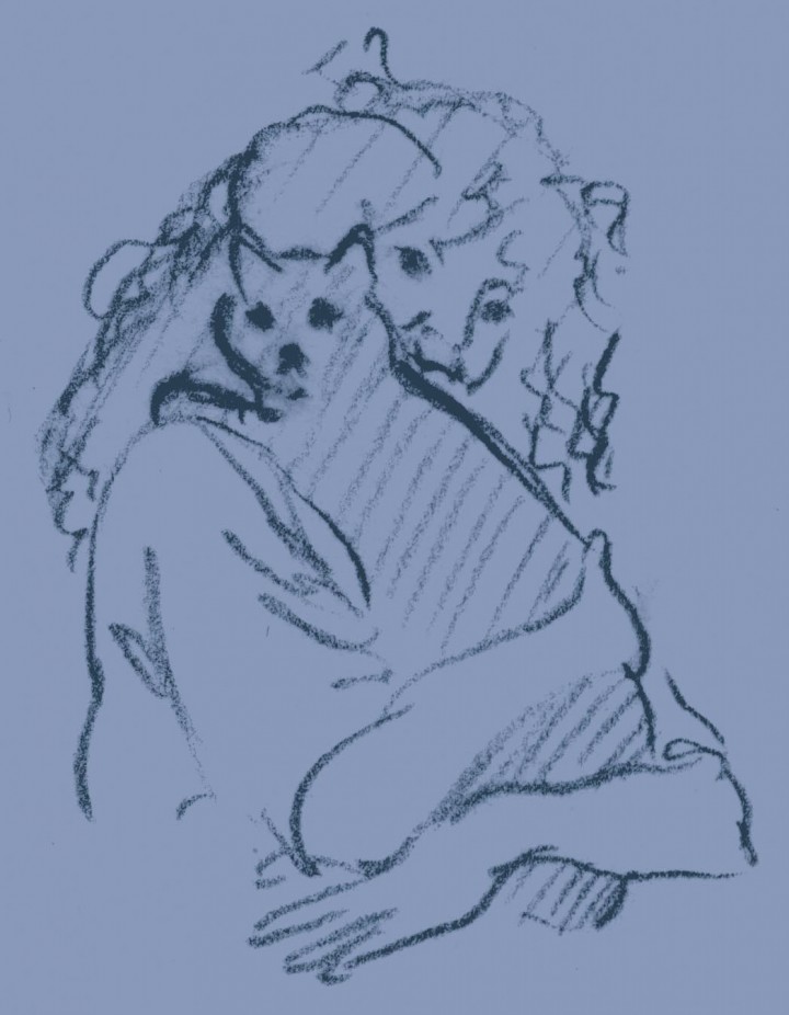 charcoal sketch of woman holding cat