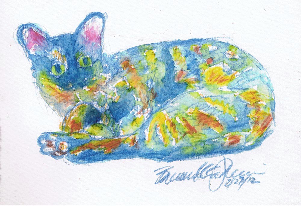 watercolor pencil drawing of tortoiseshell cat