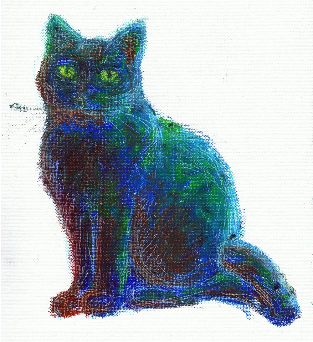oil pastel sketch of cat in blues and greens