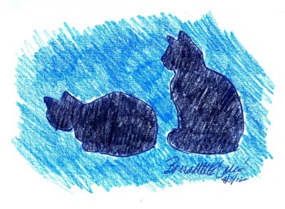 colored pencil sketch of two cats