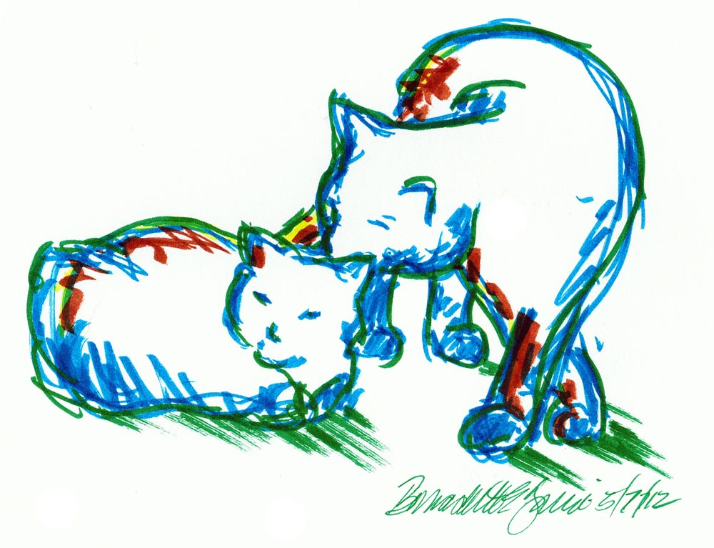 marker sketch of one cat bathing another