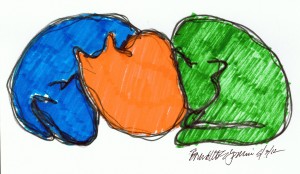 marker sketch of three cats in color