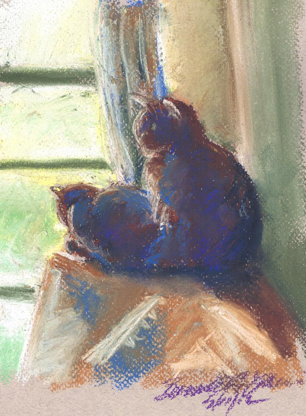 pastel sketch of two cats by window
