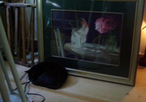 black cat near painting