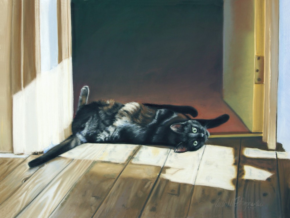 pastel painting of black cat on floor