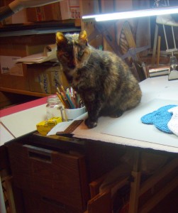 tortoiseshell cat on drawing table