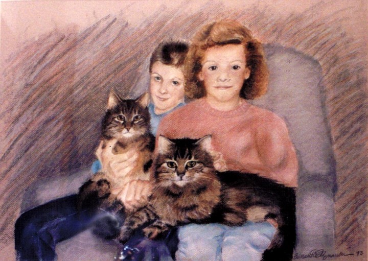 portrait of two children and two cats