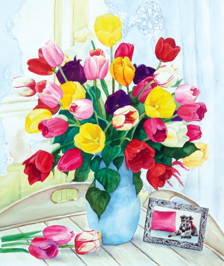watercolor still life of tulips and photo of schnauzer