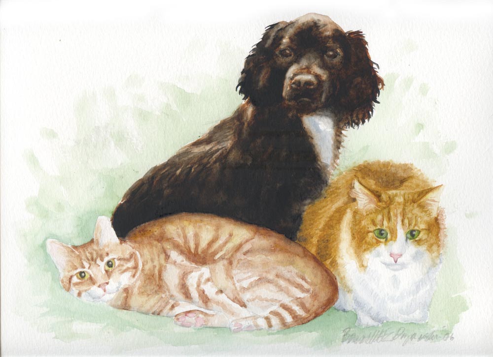 watercolor portrait of dog and two cats