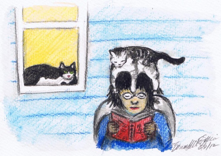 illustration of woman sitting with cat on her head and one in window