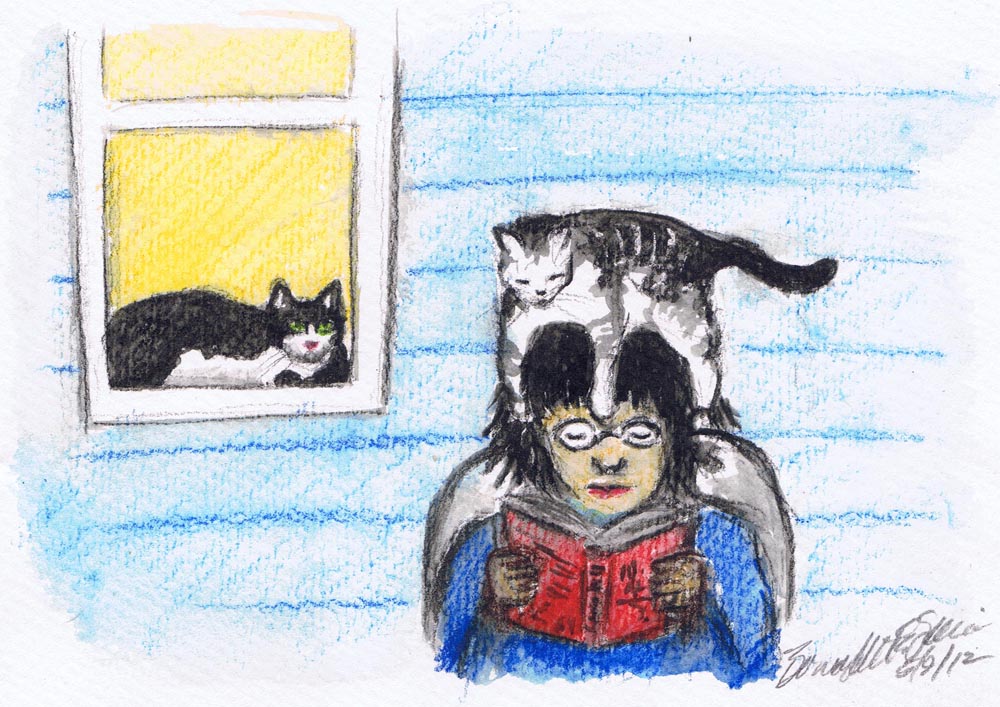 illustration of woman sitting with cat on her head and one in window