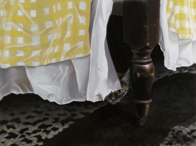 painting of cat under bed
