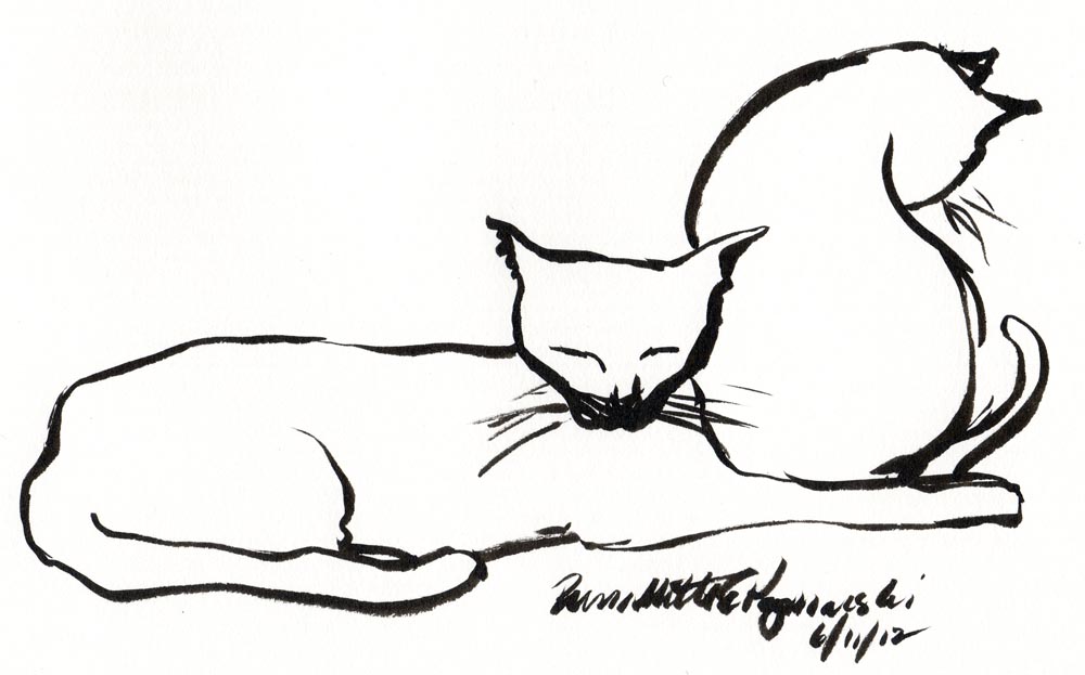 brush sketch of two cats
