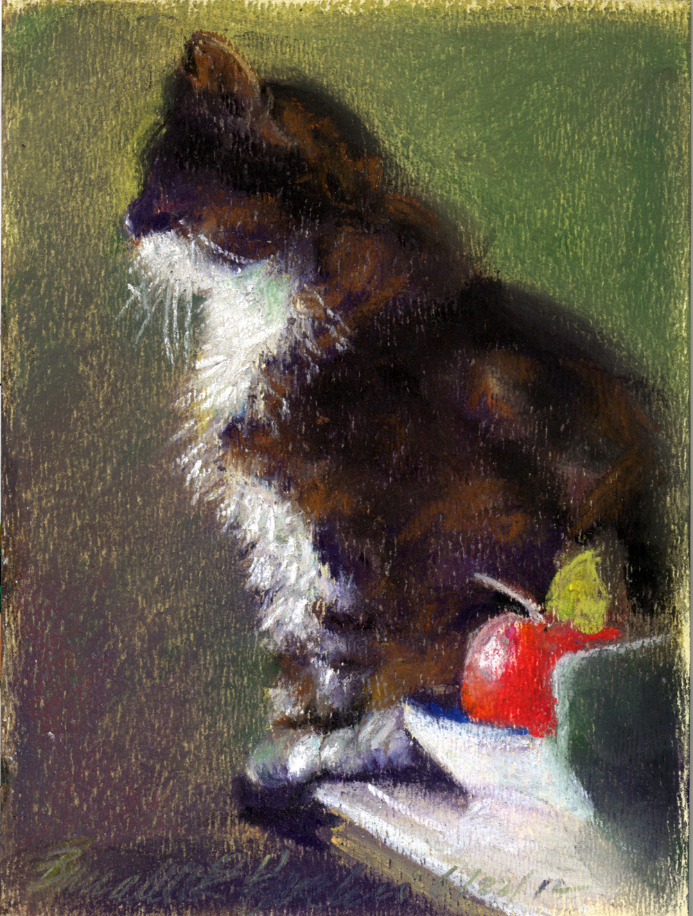 pastel sketch of cat on table with apple