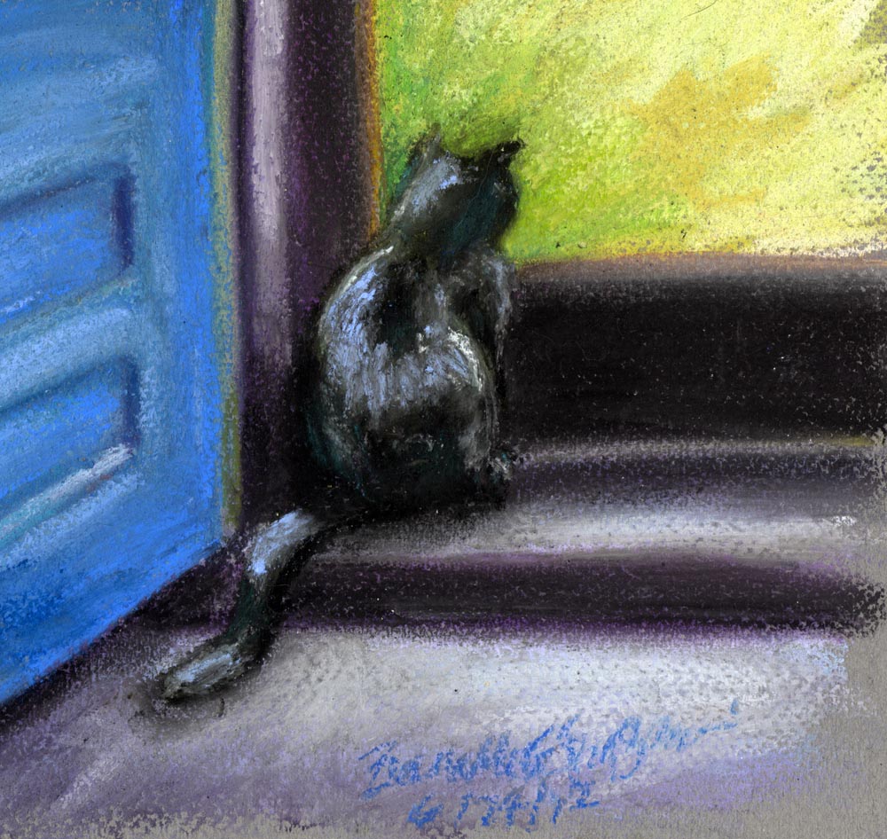 pastel sketch of cat at door