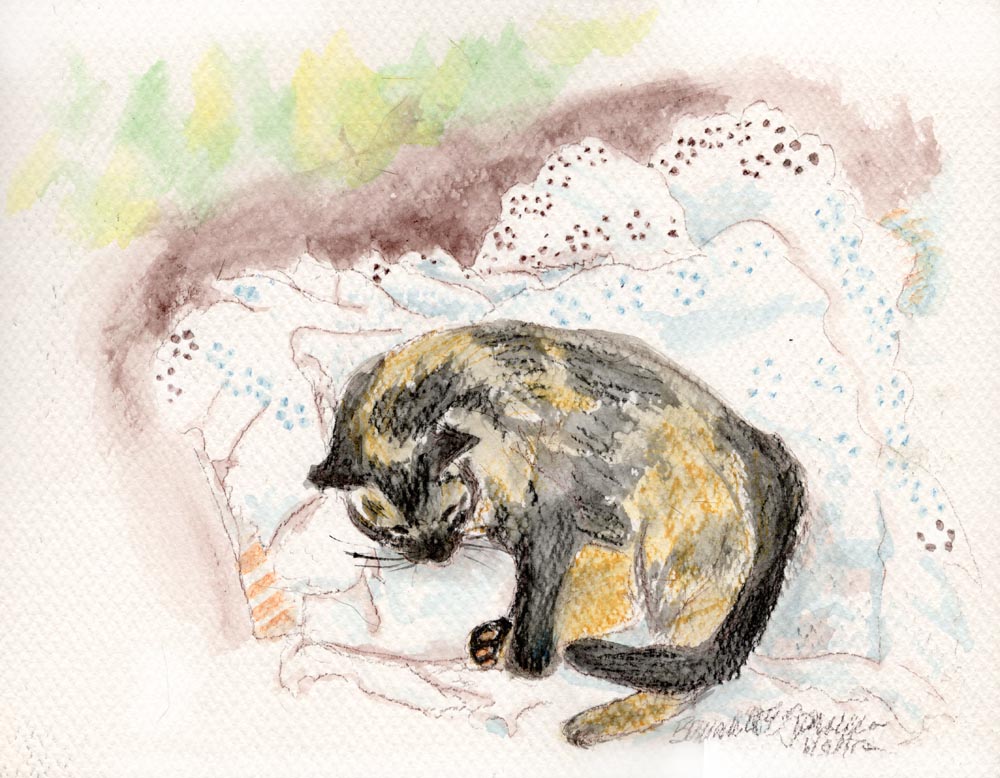 paitning of tortoiseshell cat napping on eyelet pillowcase