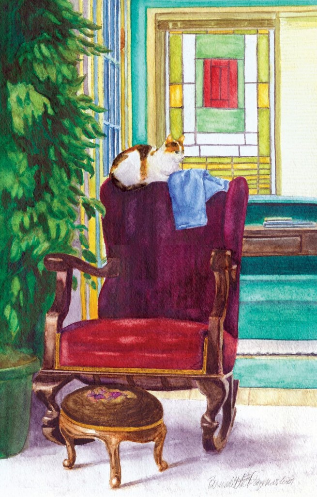 watercolor of calico cat on rocker