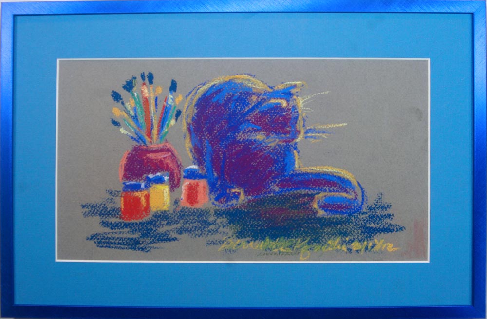 framed pastel sketch of cat