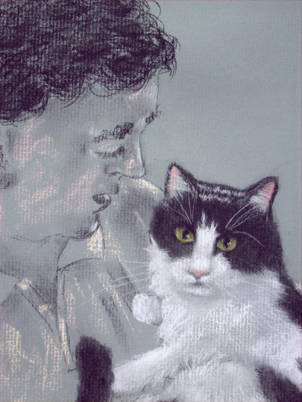 Detail of portrait of man with tuxedo cat