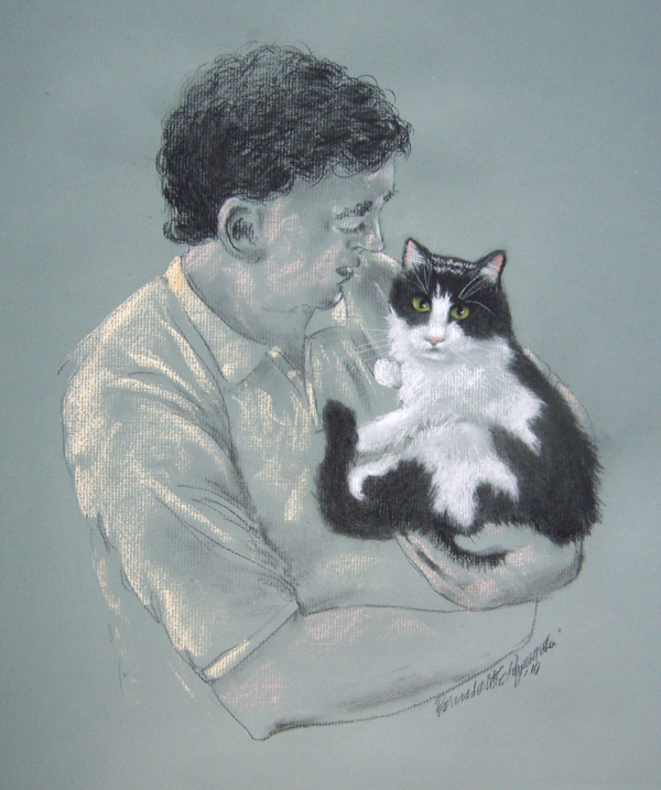 portrait of man holding black and white cat
