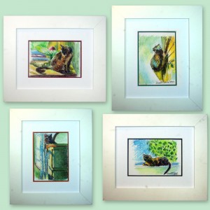 four framed ink and watercolor sketches