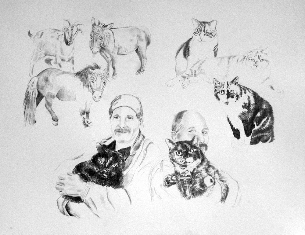 pencil collage of person and animals