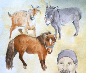 pencil and watercolor sketch of barn animals