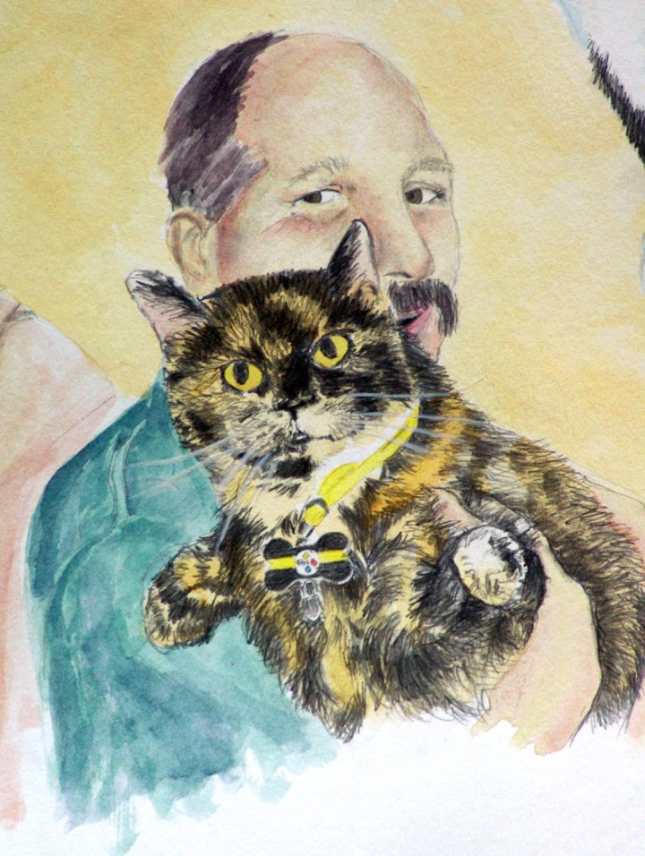 pencil and watercolor of cat and person