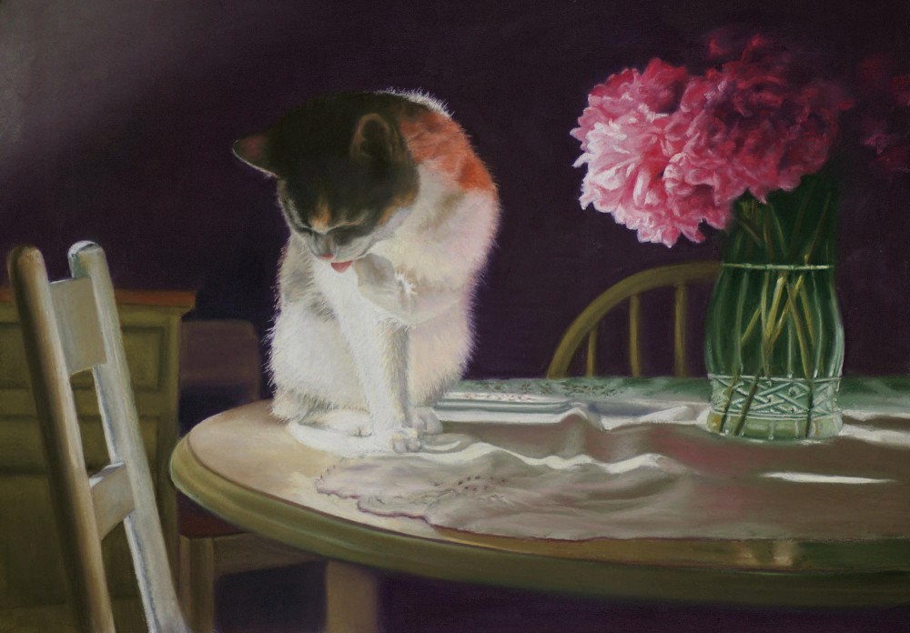 pastel painting of calico cat with peonies