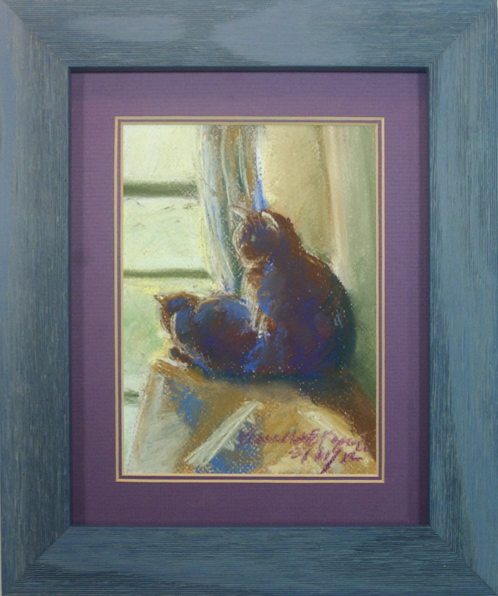 framed pastel painting of two cats at window