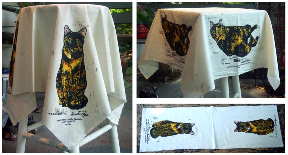 block printed tablecloths with tortoiseshell cats